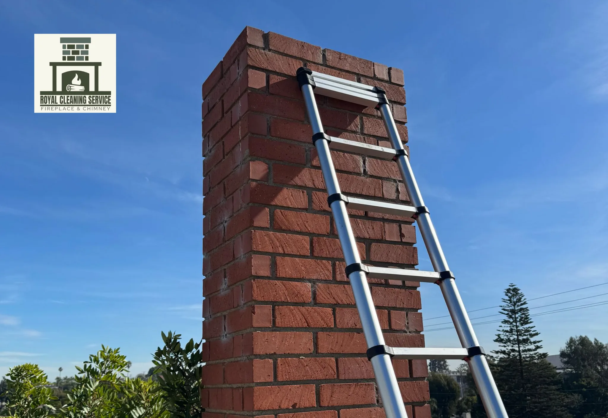 Technician standing beside a residential chimney during rooftop inspection service