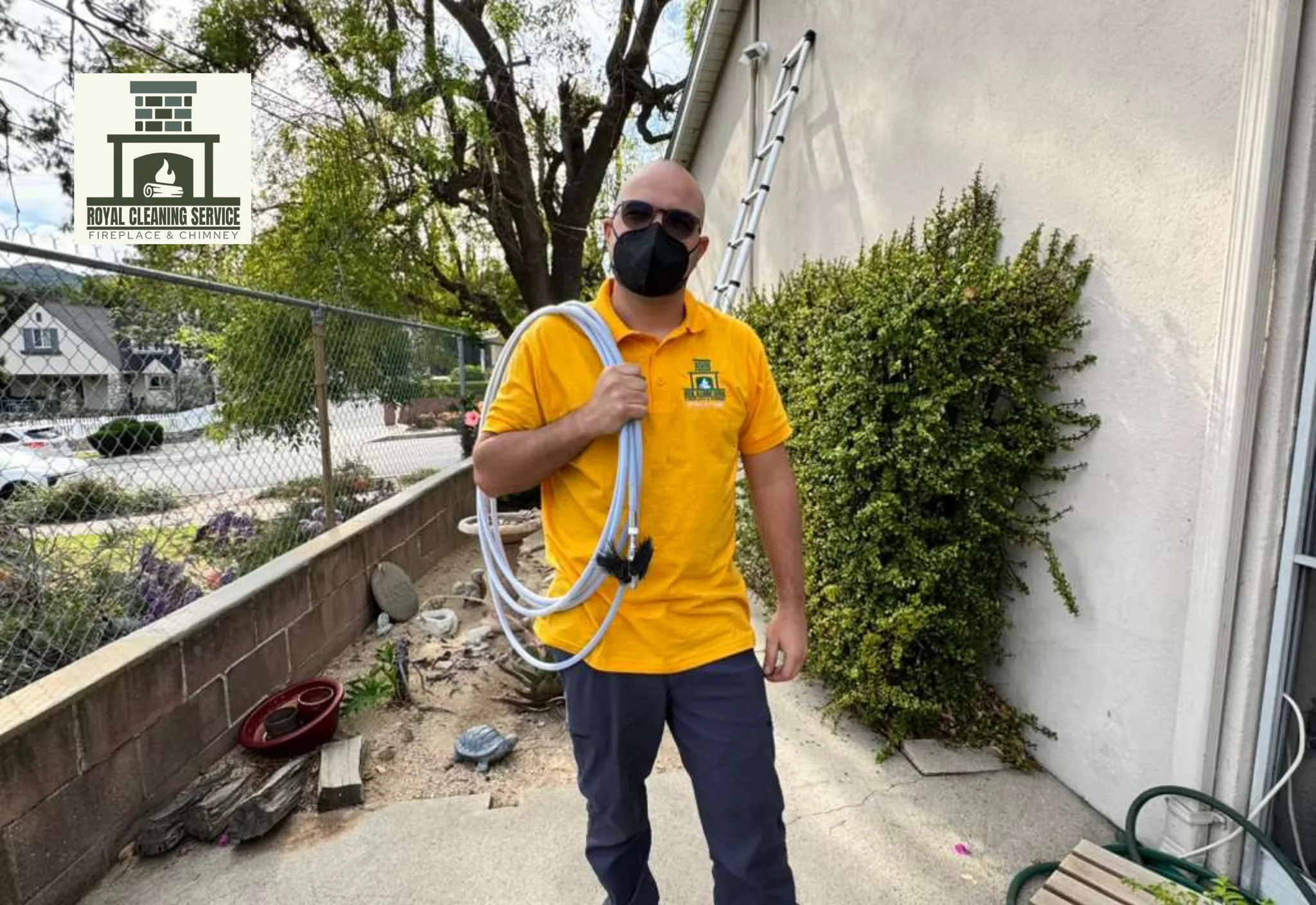 Technician cleaning a dryer vent exterior line on a Southern California home