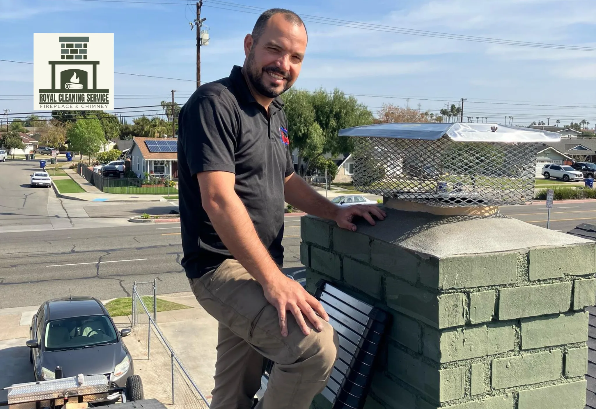 Technician standing beside a residential chimney during rooftop inspection service