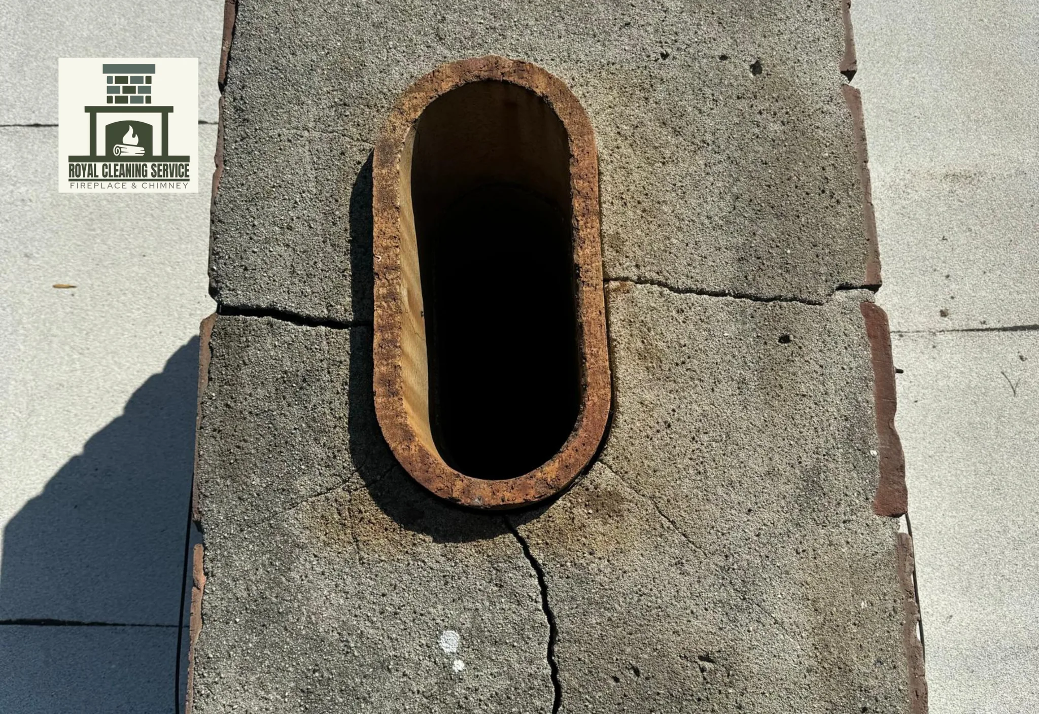 Close-up of a cracked chimney crown and damaged chimney top