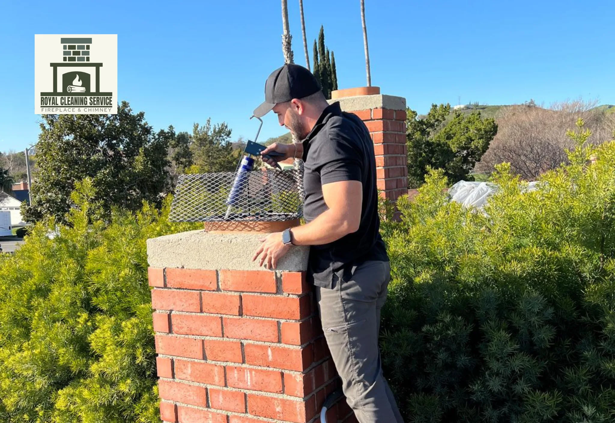 Chimney cap installation in Los Angeles — stainless steel cap with spark arrestor screen by Royal Cleaning Service