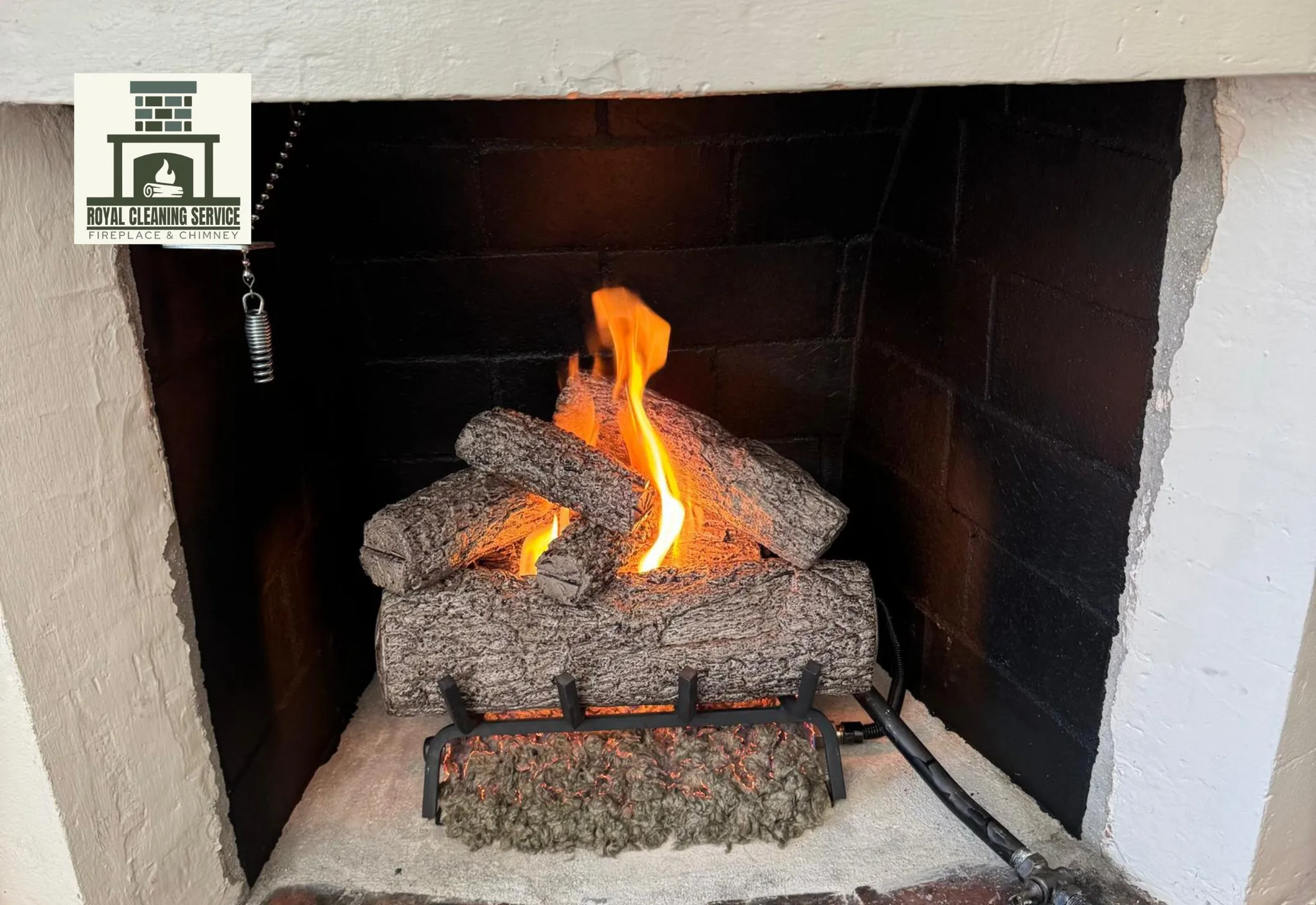 Fireplace service image comparing gas log and wood-burning fireplace setups