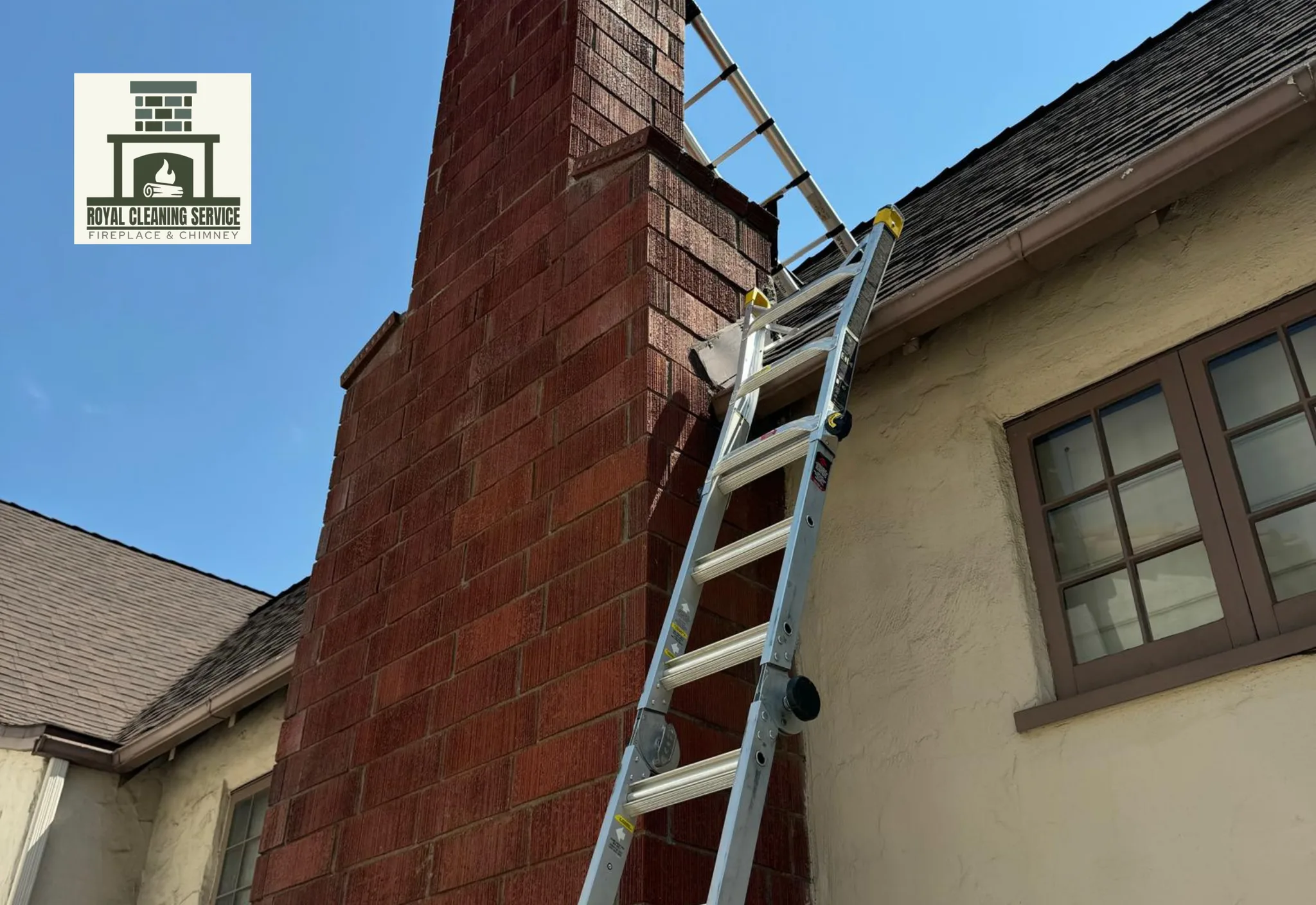 Royal Cleaning Service technician removing bird nest and debris from a Los Angeles chimney flue, preventing carbon monoxide blockage