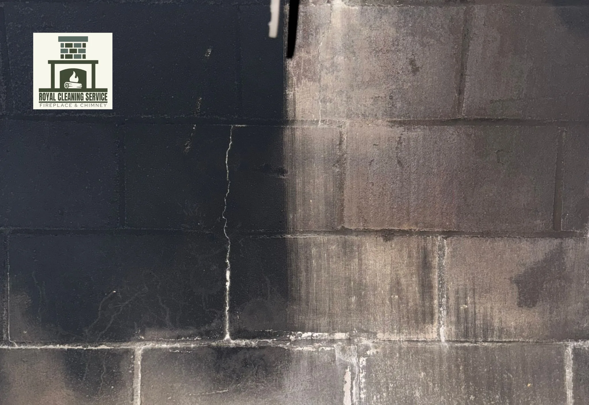 Technician cleaning soot from a residential fireplace opening