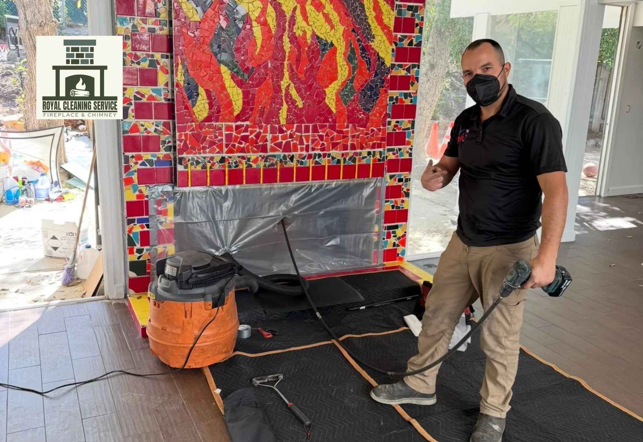 Royal Cleaning Service technician inspecting a Burbank production-era home fireplace chimney