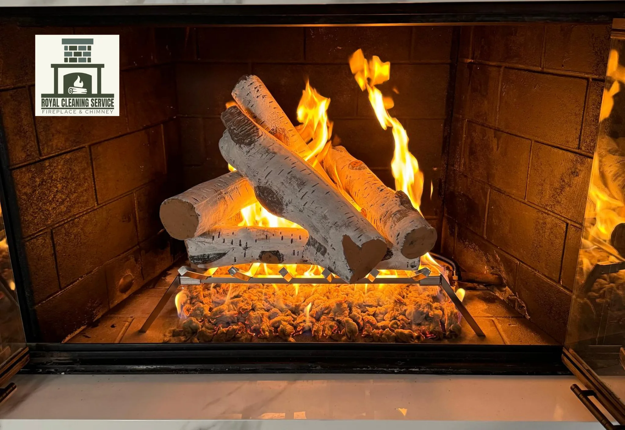 Modern gas fireplace log set burning inside a residential fireplace